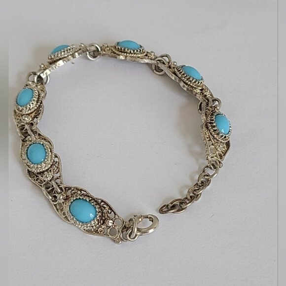 Vintage Antique Boho Sterling Silver Turquoise Cabochon Filigree Chain Bracelet - Picture 3 of 12